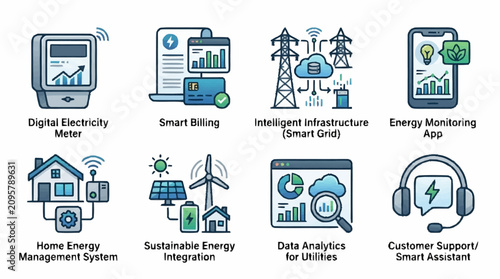 Eco tech smart home icons illustrate sustainable living with eco friendly gadgets