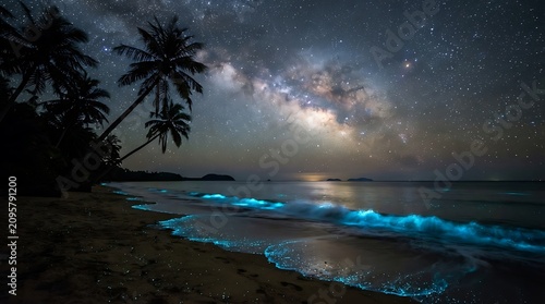 Bioluminescent waves illuminate a sandy beach under a starry night sky with palm trees