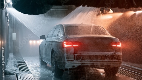 A vehicle travels through an automated car wash tunnel. Soap froth and water spray from brushes coated the vehicle.