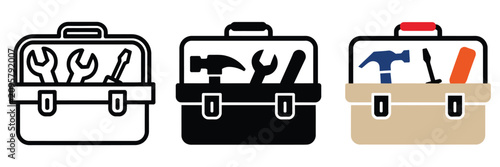Cuadro en lienzo Tool box icon set with repair maintenance and construction equipment symbols