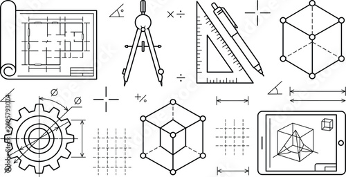 Photos Architecture engineering and geometry blueprint vector line icon set featuring c