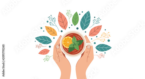 Hands holding a warm cup of herbal tea with orange and mint leaves surrounded by a pattern of colorful autumn foliage.