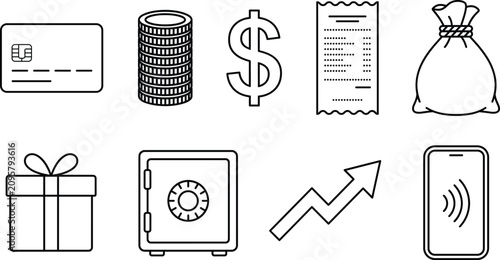 Banking and contactless payment vector line icon set featuring credit card coins receipt money bag safe deposit concepts