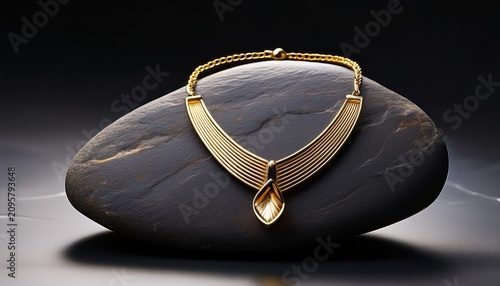 A Delicate Gold Necklace Rests On A Smooth Dark Stone Creating An Elegant And Minimalist Composition