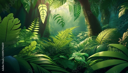 Dense Layers Of Green Leaves Fill The Ground In A Forest Setting Different Types Of Plants And Ferns Create A Natural Vibrant Scene Under Daylight D Render
