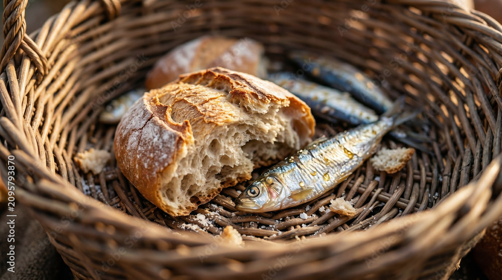Obraz premium The miracle of feeding the 5000. Baskets overflowing with simple bread loaves and small fish on the grass. Divine provision concept