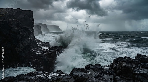 Dramatic winter storm crashing against rugged dark volcanic cliffs on an icy coastline with powerful ocean waves and heavy rain clouds