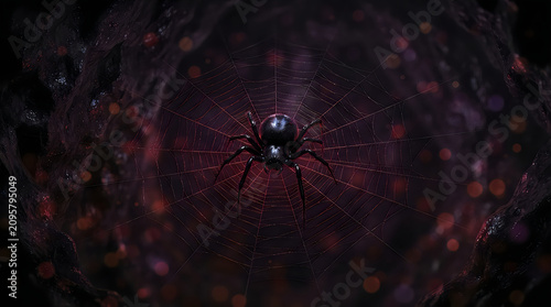 Spooky black widow spider in web a creepy happy halloween scene for festive decorations and digital art