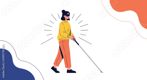 Blind young woman wearing black sunglasses walking with white cane stick representing visual impairment and accessibility.