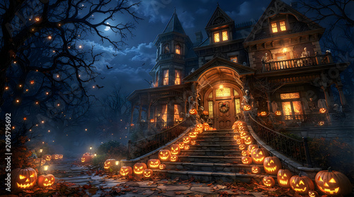 Spooky happy halloween enchanted haunted house with jack o' lanterns and ghostly decorations under a full moon