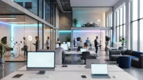 defocused view of a contemporary high-tech office with creative workstations and glass partitions.