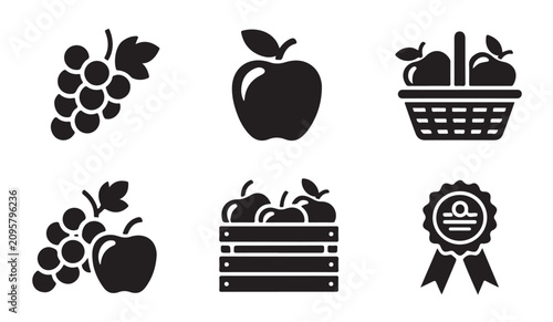 Fotografía Grapes and apples silhouette icons set including vineyard basket fruit crate and medal award