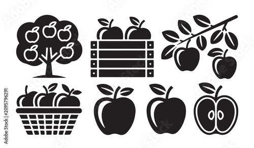 Foto Apple orchard elements silhouette icons set with tree basket crate branch and fruit shapes