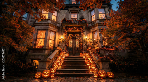 Spectacular happy halloween house exterior jack o' lanterns skeletons and autumn decor for festive holiday greetings