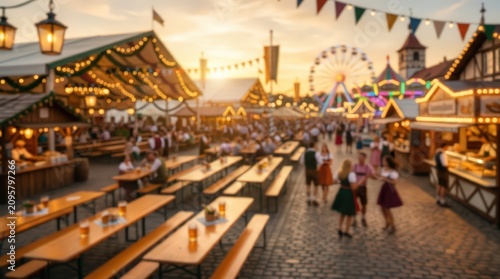 cinematic wide shot of a traditional bavarian beer festival at sunset, crowded outdoor fairground with festive tents, ferris wheel, wooden benches, and people in folk costumes.