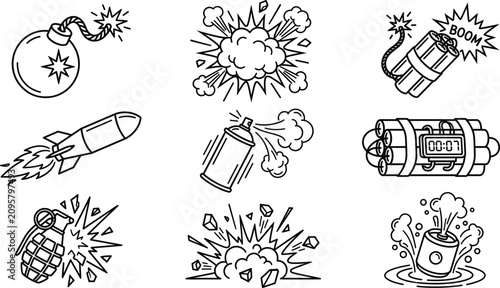 Fotografie Explosion and weapon elements vector line icon set featuring bomb dynamite rocke