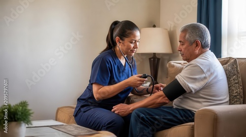 Latina home care nurse checking senior man's blood pressure