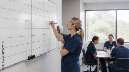 Healthcare leader writing schedule on whiteboard during meeting