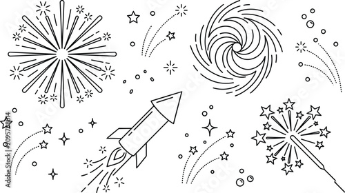 Obraz na płótnie Festival fireworks and holiday celebration vector line art set featuring rocket