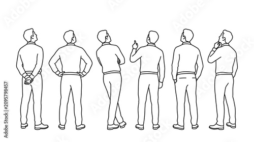 Tableau sur toile Group of Men Standing Together Looking Up at Something Interesting in Line Art S