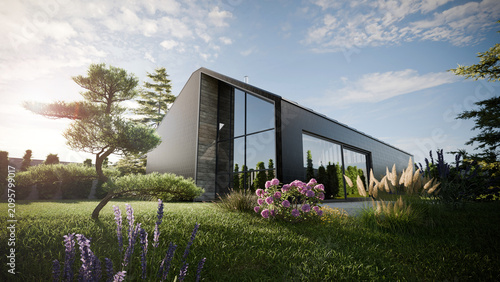 Modern angular barn house with large windows in a green natural landscape