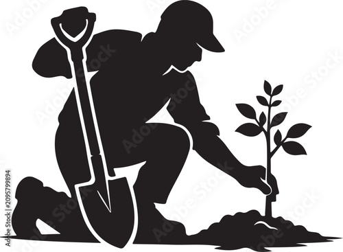 Foto Person planting young tree with shovel and sapling vector icon for reforestation and eco projects use
