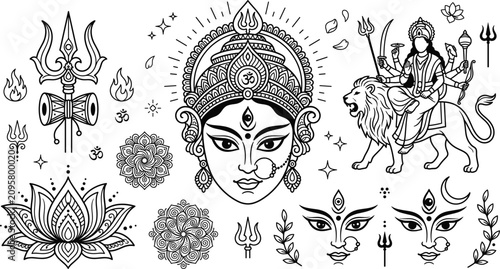 Canvastavla Goddess Durga Maa vector elements set with trishul lion lotus mandala face icons