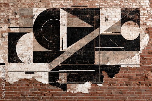 Abstract geometric mural art on a distressed brick wall with peeling paint and rough textures.