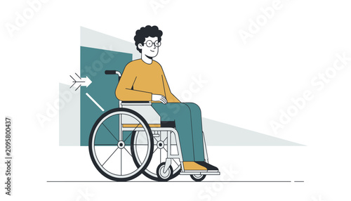 Smiling man in a wheelchair approaches a modern blue door representing accessible design and inclusivity in public spaces.