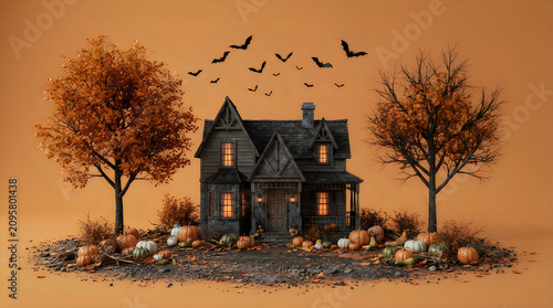 Spooky happy halloween scene haunted house with pumpkins and bats for festive fall decorations and trick or treating