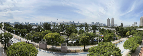 Canvas Print Panoramic daylight web banner of Rainbow Bridge and Tokyo Tower from Odaiba