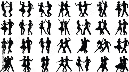 Фотография Elegant black silhouette collection of dancing couples in diverse poses showcasi