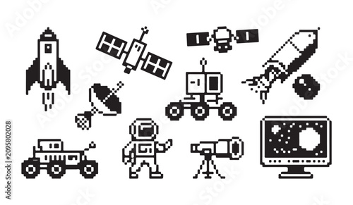 Space exploration pixel art including rocket, satellite, lunar rover, astronaut, telescope, screen.