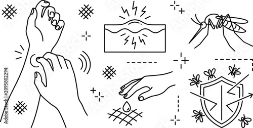 Bild auf Leinwand Mosquito bite allergy and insect repellent shield vector line icons set featurin