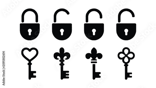A set of eight black and white line art icons featuring locks and keys.