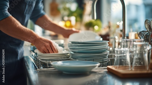 man washing dishes at sink, bright and clean kitchen, natural sunlight, realistic water and foam details