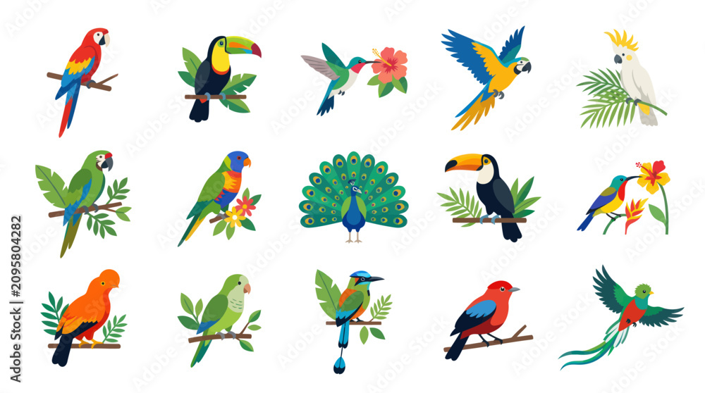 Obraz premium Vibrant Flat Vector Tropical Birds Collection: Parrot, Macaw, Toucan, Hummingbird for Nature Wildlife Illustration