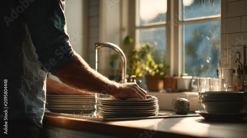 realistic scene of man cleaning plates at sink, modern kitchen, natural sunlight, clean and minimal composition