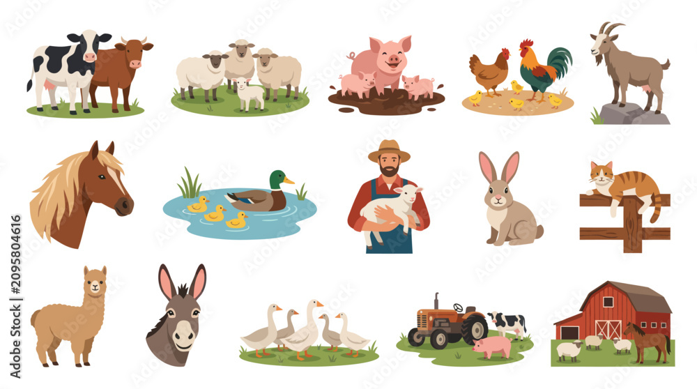 Fototapeta premium Flat Design Agriculture Farm Animals and Farming Elements Vector Collection Set