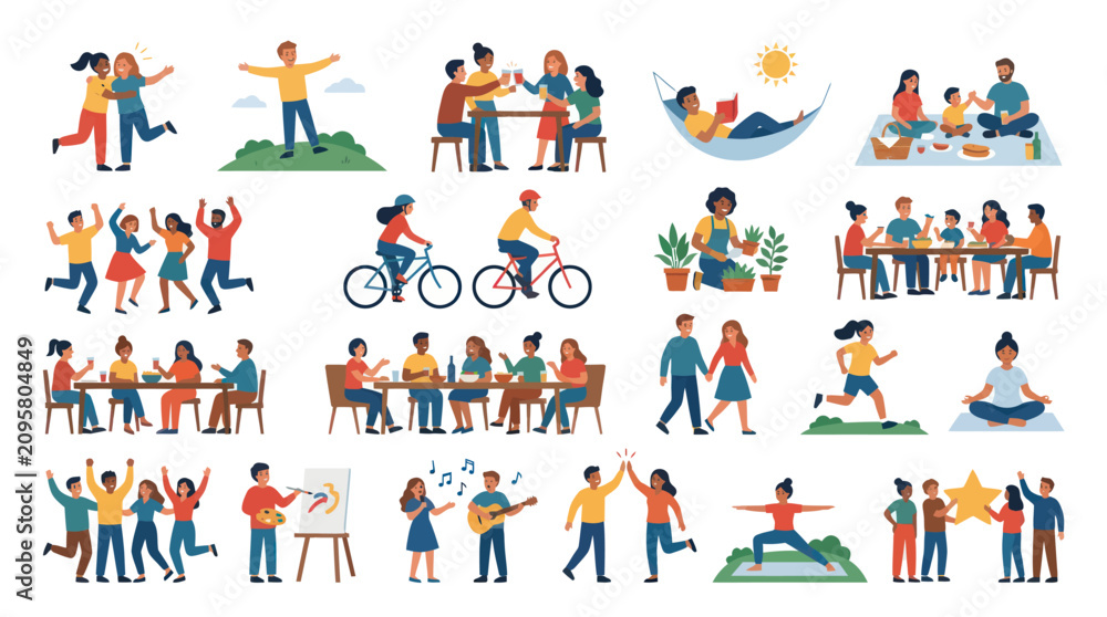 Fototapeta premium Flat Style Vector Illustrations of Diverse People Enjoying Outdoor Indoor Activities