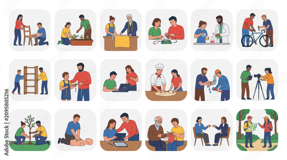 Fototapeta premium Flat Vector Illustrations of Diverse People Engaging in Professions, Learning, Hobbies, and Community