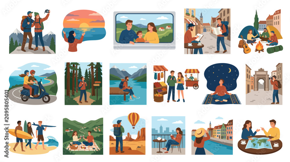 Naklejka premium Diverse Travel Activities and Vacation Concepts in Flat Design Vector Illustrations for Tourism and Leisure
