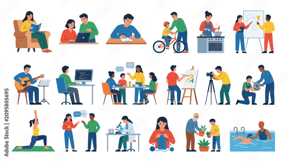 Fototapeta premium Flat Vector Illustration of People Engaged in Diverse Lifestyle, Hobbies, Education, and Work Activities