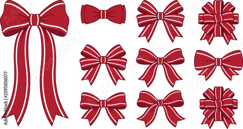 Schilderij op canvas Red Decorative Ribbon Bow Collection with Elegant Striped Gift Bows for Holiday