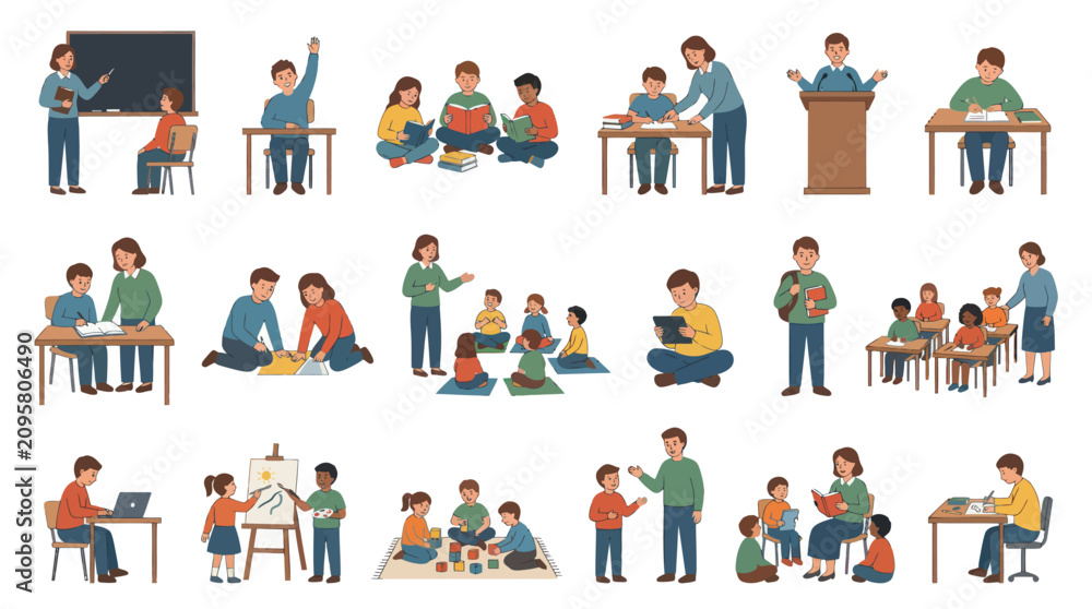 Fototapeta premium Flat Art Illustration of Diverse Children and Teachers in Educational Scenes