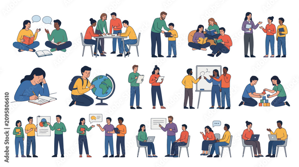 Fototapeta premium Education Learning People Flat Vector Icons Set, Teaching Students