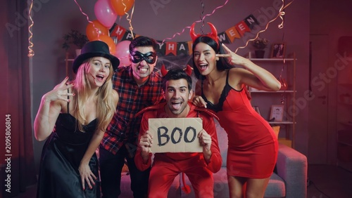 Halloween party friends group portrait