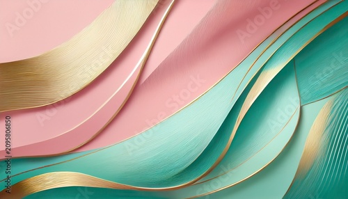 Elegant Pink Blush And Mint Green Diagonal Wave Background With Fine Gold Line Accents And Smooth Luxury Texture For Premium Design