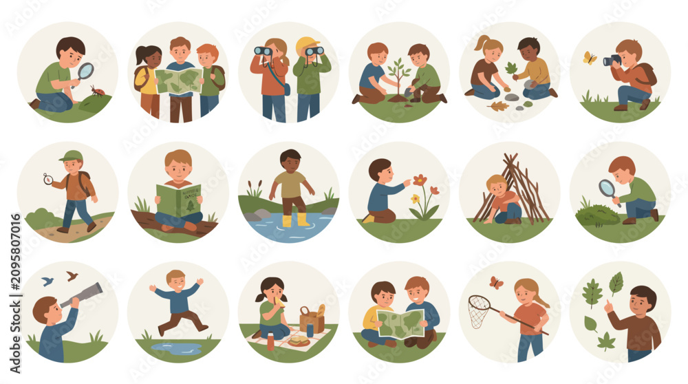 Fototapeta premium Children Outdoor Activities Nature Exploration Learning Vector Graphics Flat Style