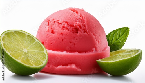 A Closeup Of Exotic Guava And Lime Sorbet Its Bright Pink Color And Tangy Flavor Highlighted Against A White Background